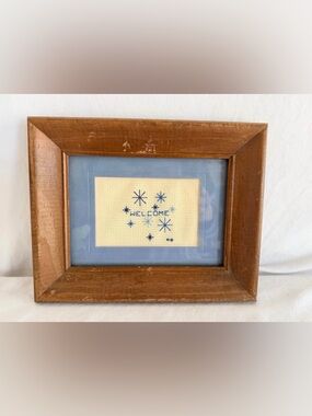 Handmade Blue 'Welcome' Cross Stitch